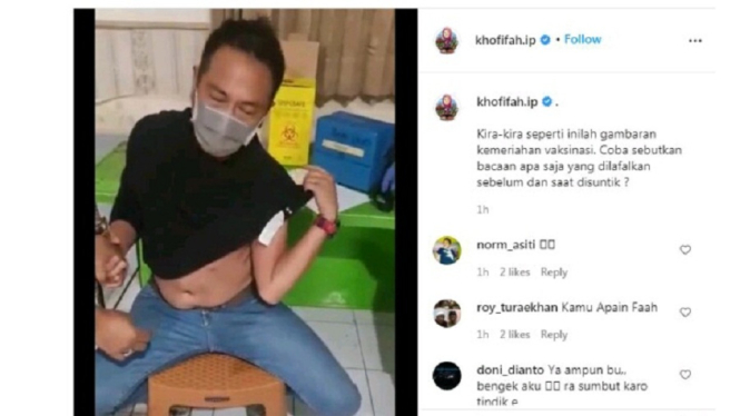 (Tangkap layar pria takut disuntik Instagram Khofifah Indar Parawansa)