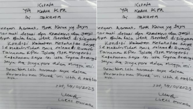 Surat dari Gubernur Papua nonatif Lukas Enembe kepada Ketua KPK.
