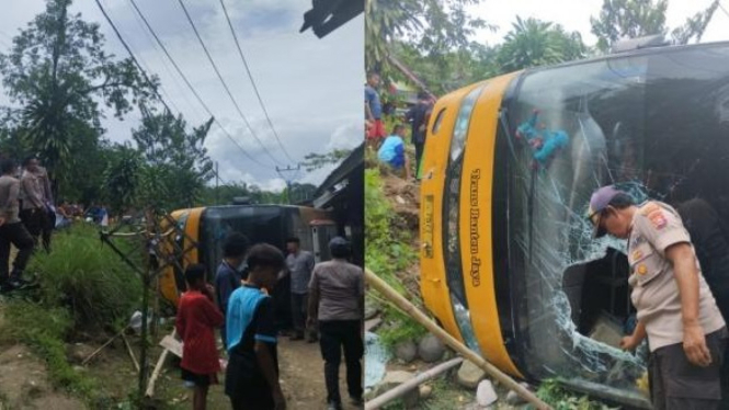Bus rombongan Mahasiswa Untirta Terguling di Luwidamar, Lebak