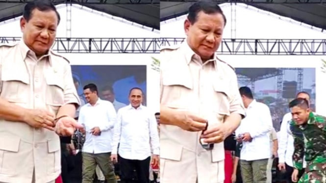 Momen Prabowo Subianto berikan jam tangan pribadi kepada seorang ibu.